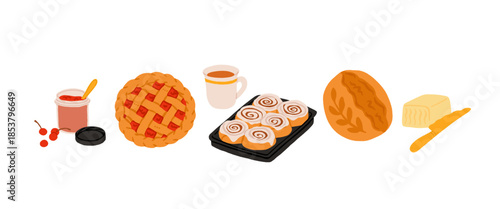 Cozy Homemade Baking Vector Set. Bread, Pie, Cinnamon Rolls, Jam, Butter, Coffee, Rustic Bakery Desserts and Breakfast Food Illustration