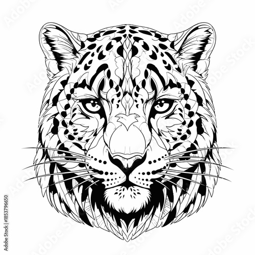 Black and White Illustration of Leopard Head.