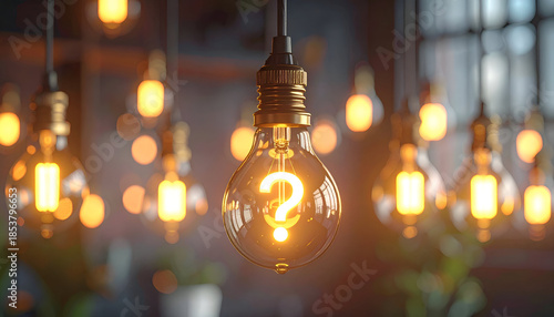 Illuminated light bulb with question mark filament, concept of inspiration, motivation, knowledge, and new ideas.