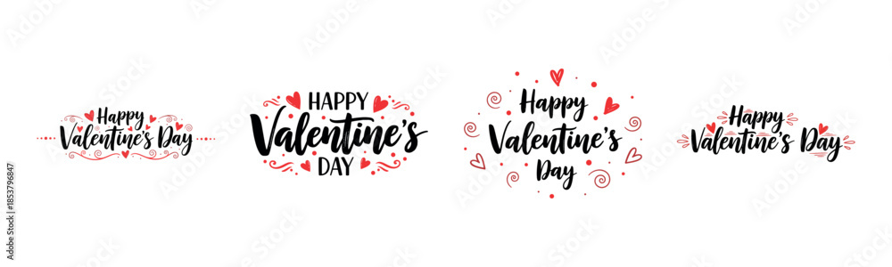 Obraz premium Happy Valentine’s Day Typography Set with Hearts, Floral Elements and Decorative Calligraphy for Romantic Holiday Designs