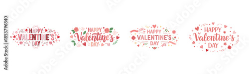 Happy Valentine’s Day Typography Set with Hearts, Floral Elements and Decorative Calligraphy for Romantic Holiday Designs