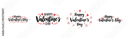 Happy Valentine’s Day Typography Set with Hearts, Floral Elements and Decorative Calligraphy for Romantic Holiday Designs