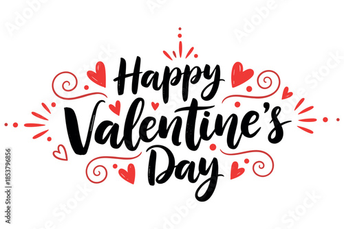 Happy Valentine’s Day Typography Set with Hearts, Floral Elements and Decorative Calligraphy for Romantic Holiday Designs