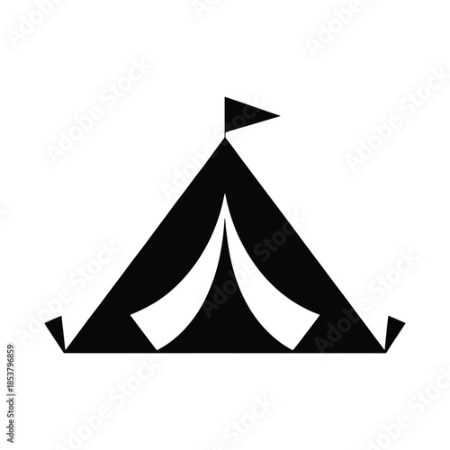 Black Silhouette of a Tent with a Flag on White Background camping shelter