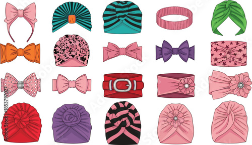 Collection of cute girl hair accessories featuring colorful turbans headbands with bows floral knots and stylish patterns isolated on white background