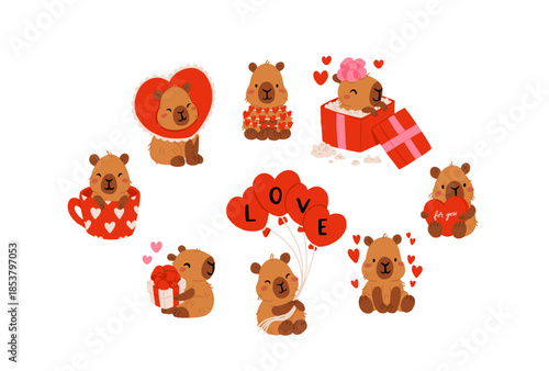Cute Valentines Day capybara clipart set with heart balloons, romantic letters, capybara in gift box, kawaii animals with hearts, love messages and presents, characters for cards, stickers and print