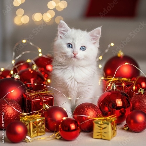 Fluffy white kitten with blue eyes sits among red Christmas baubles, golden gift boxes and string lights, creating a festive holiday atmosphere with cozy and playful winter vibes