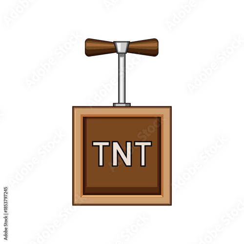 Tnt detonator box illustration featuring a brown plunger mechanism, representing concepts of danger, explosion, sudden impact, and demolition on a white background