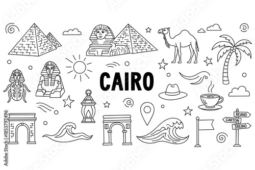 Cairo symbols: pyramids, sphinx, camel, palm tree, egyptian icons in black and white
