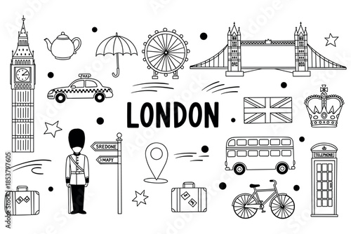 London icons doodle: big ben, tower bridge, red bus, taxi, and more in black and white illustration