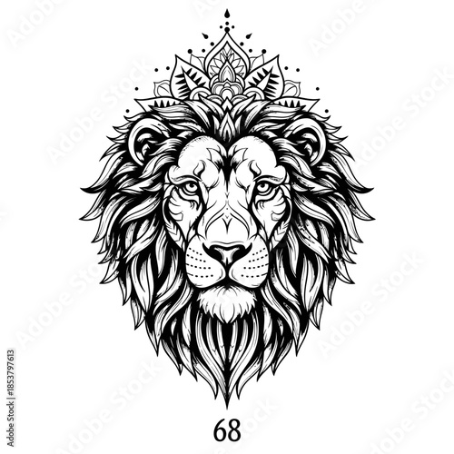Detailed Lion Head Illustration with Crown.