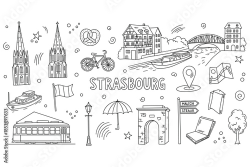 Strasbourg landmarks and symbols illustrated in whimsical doodle style