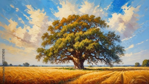 Landscape, Endless wheat field, Blue sky, Massive Old Oak tree