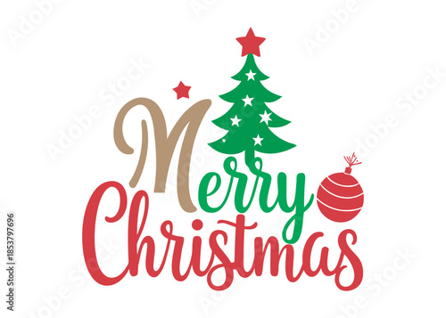 Merry Christmas with Christmas Tree Illustration, Merry Christmas Seasonal Typography Banner, Merry Christmas Holiday Greeting, Joyful Merry Christmas Festive Design