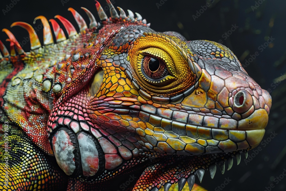 Fototapeta premium Close up of a colorful iguana showcasing its intricate scales and spiky crest