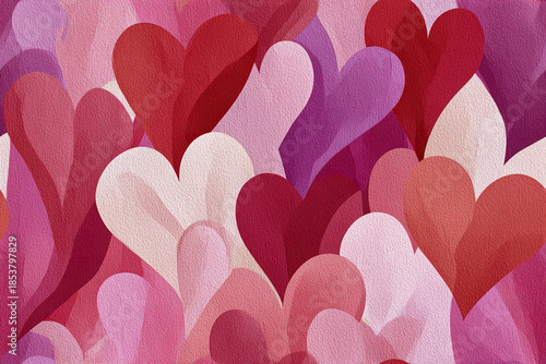 Wallpaper Mural Colorful heart shapes pattern with textured effect, featuring overlapping red, pink, and purple hearts creating warm and romantic abstract background full of feminine charm Torontodigital.ca