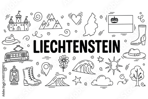 Liechtenstein symbols and icons: mountains, flag, castle, and culture