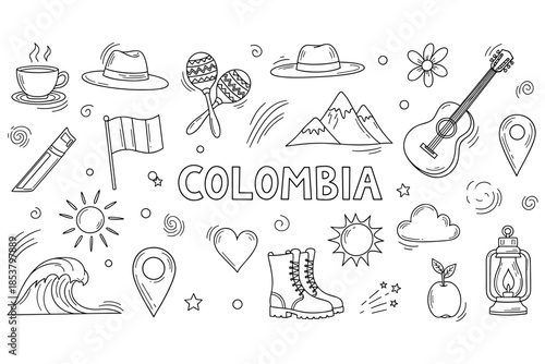 Colombia travel icons with coffee, andes mountains, guitar, and maracas doodle art