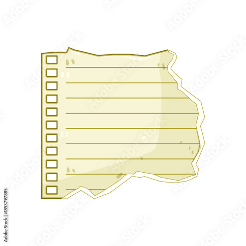 Torn notebook paper sheet with ruled lines and punch holes ideal for writing down notes, reminders, or messages, offering copy space for various design concepts