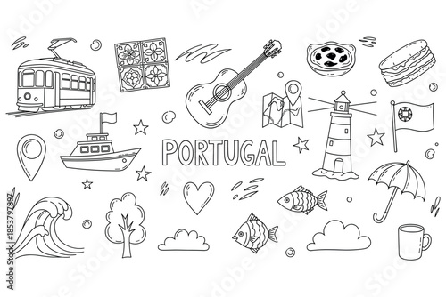 Portugal doodles: landmarks, traditions, and cultural icons in black and white