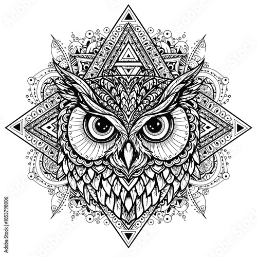 Detailed Owl Illustration with Geometric Patterns.