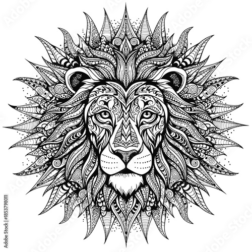 Detailed Lion Head Illustration with Ornate Mane.