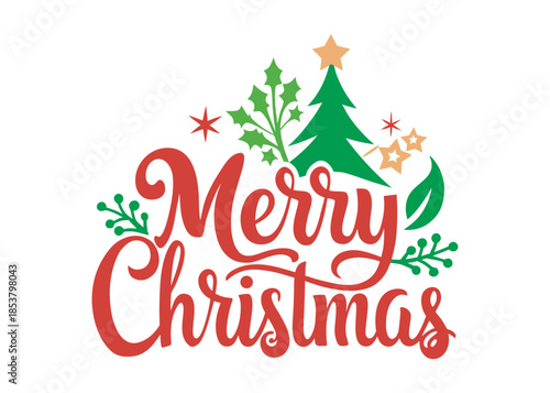 Merry Christmas with Christmas Tree Illustration, Merry Christmas Seasonal Typography Banner, Merry Christmas Holiday Greeting, Joyful Merry Christmas Festive Design