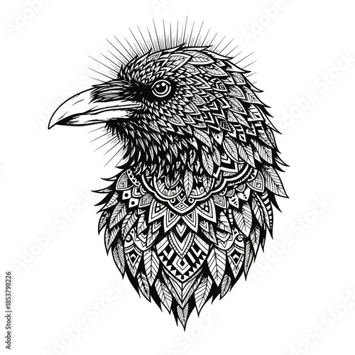 Intricate Black and White Bird Illustration.