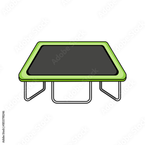 Minimalistic vector illustration of a rectangular trampoline with a green frame and sturdy metal legs, designed for outdoor recreation, exercise, and jumping activities