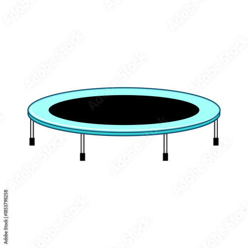 Round blue trampoline featuring a black jumping surface and support legs, representing recreation, fun, and fitness activities, isolated on a clean white background