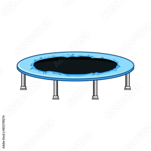 Round blue trampoline on a white background, serving as equipment for children's play, promoting jumping, exercising, and recreational activities in an outdoor setting