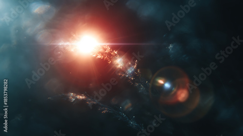 Bright glowing light burst with haze and lens flare isolated on dark background for design. v