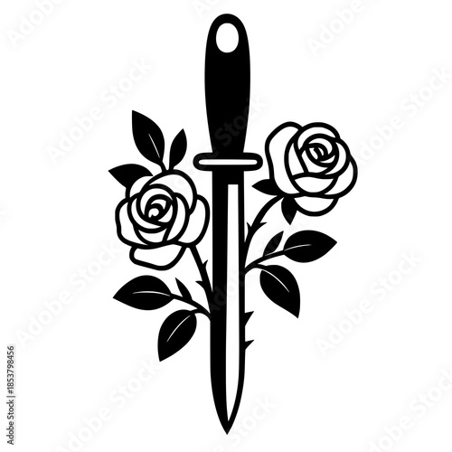 Vector logo of sword and rose. This design expresses your rebellious struggle towards peace and purity. It's perfect to be part of your tattoos.