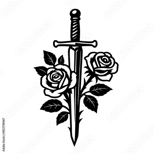 Vector logo of sword and rose. This design expresses your rebellious struggle towards peace and purity. It's perfect to be part of your tattoos.
