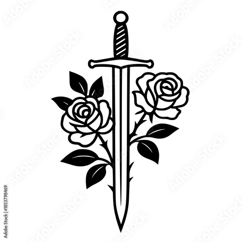 Vector logo of sword and rose. This design expresses your rebellious struggle towards peace and purity. It's perfect to be part of your tattoos.
