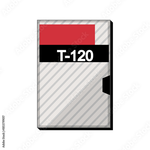 Retro vhs t 120 cassette tape illustration evoking 80s90s analog home video nostalgia, vintage plastic case and blank tape representing obsolete recording and playback technology