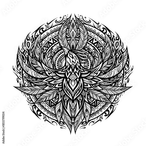 Intricate Black and White Phoenix Illustration.