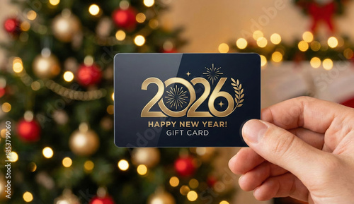 A  hand emerging into the frame holding a matte black card with a glowing “2026” logo, happy new year card