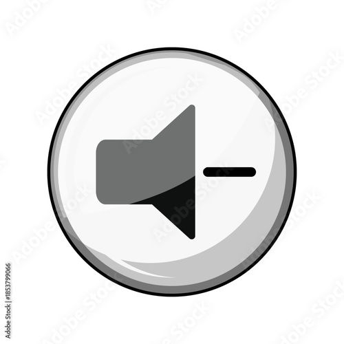 Circular glossy user interface element showing a speaker symbol with a minus sign, indicating a function for decreasing sound or muting audio in multimedia applications