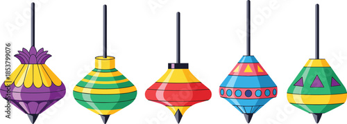 Colorful collection of vintage spinning top toys with various patterns and stripes isolated on white background for childhood fun concept.