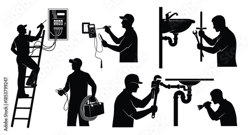 Silhouettes of skilled workers in various maintenance and repair tasks