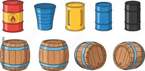 Comprehensive Collection of Industrial Metal Oil Drums and Vintage Wooden Barrels with Flammable Hazard Symbols and Various Colors Vector Illustration Isolated on White