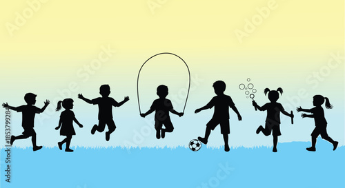 Children playing outside on sunny day with bubbles and ball