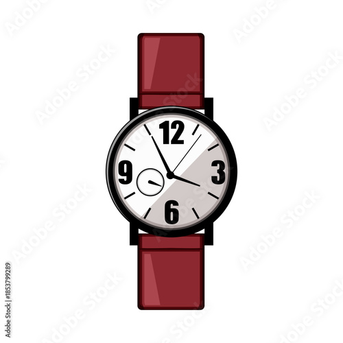 Classic analog wrist watch featuring a white dial, prominent hour markers, and a maroon leather strap, representing timekeeping, punctuality, and style as a personal accessory