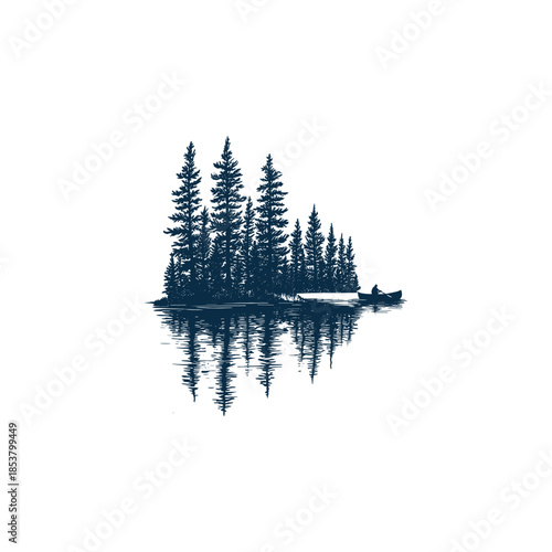 Vintage hand drawn illustration of a lonely canoe floating on a calm lake surrounded by tall pine trees