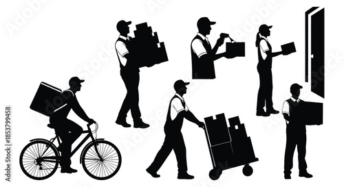 Delivery workers transporting packages in various actions