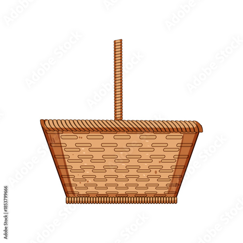 Brown woven wicker basket design with a top handle, offering a simple graphic element for concepts related to collecting, shopping, picnics, storage, and carrying items
