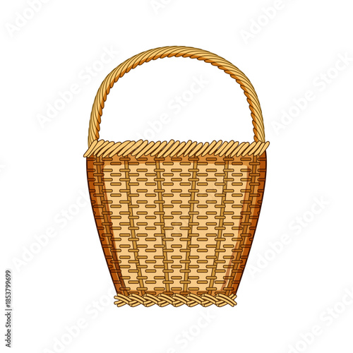 Wicker basket featuring a woven texture and sturdy handle, presenting an empty container for various uses like gathering, storage, or decorative purposes