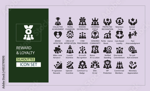 Reward and loyalty icon set. Containing award, prize, medal, gift, trophy, badge, points, achievement, certificate and more. Solid vector icons collection.
