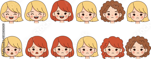 Cute Girl Character Head Collection with Various Facial Expressions and Hair Styles Including Happy Sad Surprised and Angry Emotions Vector Illustration